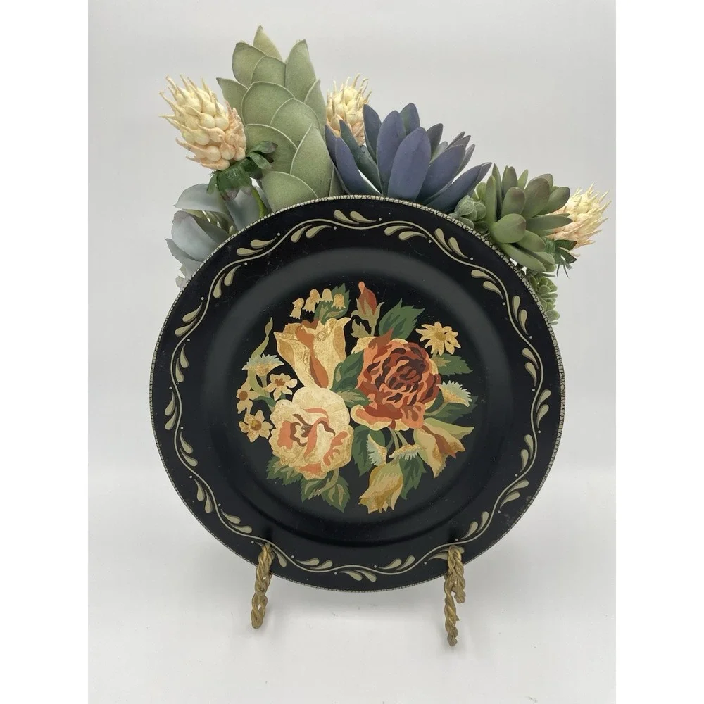 Vintage Toleware Plate Black Wall Pocket Hand Paint‎ Roses w/Succulent Florals